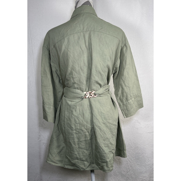 Zara Tunic Top Womens Size Lg Green Linen Blend Belted Tie Back Button Front - Picture 3 of 12